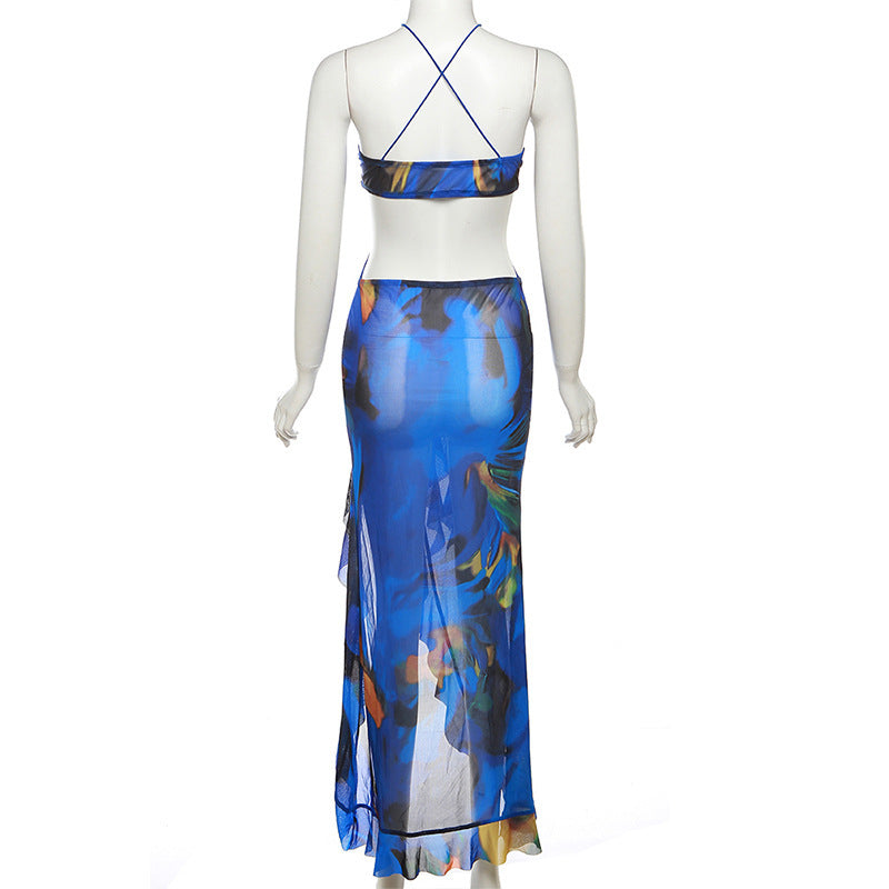 European And American Fashion Sexy Halter Low Cut Backless Slim Fit See-through Printing Dress