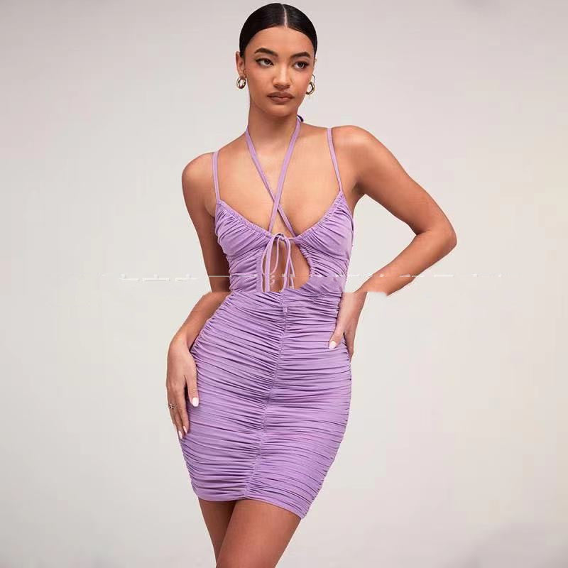 Drawstring Pleated Sexy Sling Dress Short Skirt Women