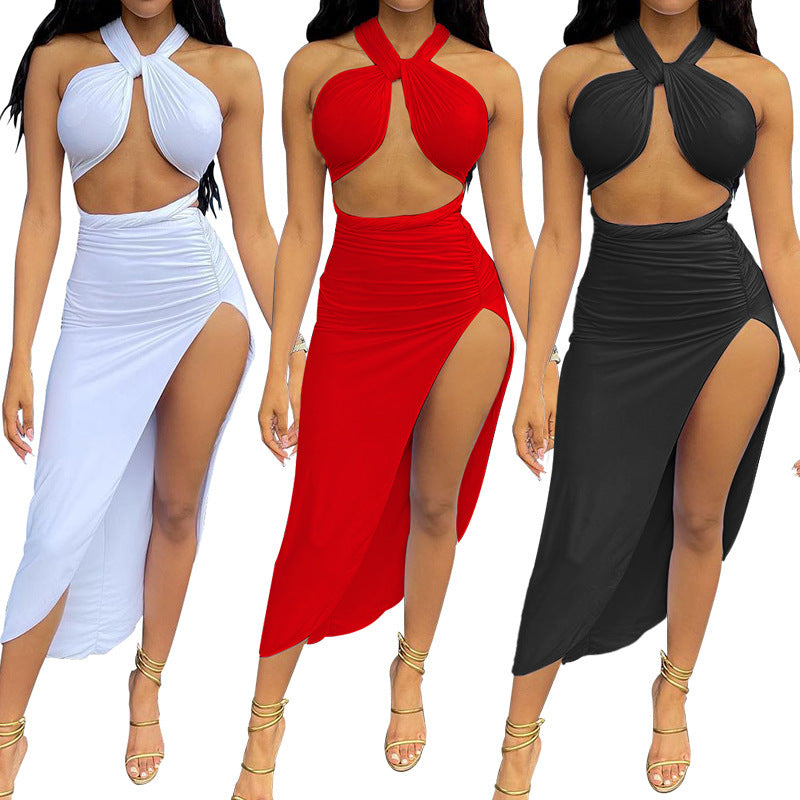 Women's Halter Backless Slit Skirt Two-piece Suit