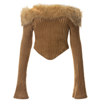 Fur Collar Knitted Top Short Hot Girl