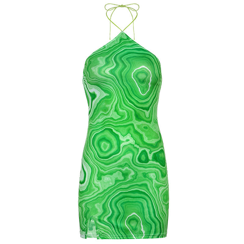 Wave Tie Dye Backless Sexy Mini Halter Dress