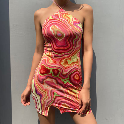 Wave Tie Dye Backless Sexy Mini Halter Dress