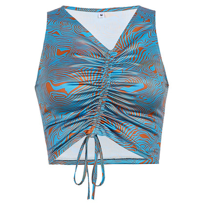 Printed Drawstring Strap Pleated Halterneck Vest