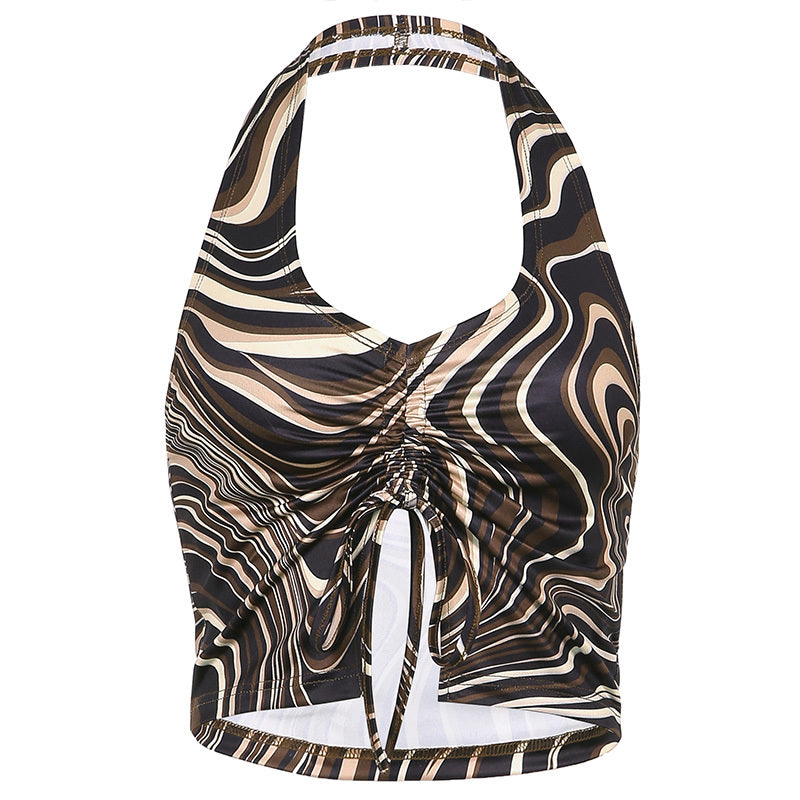 Printed Drawstring Strap Pleated Halterneck Vest