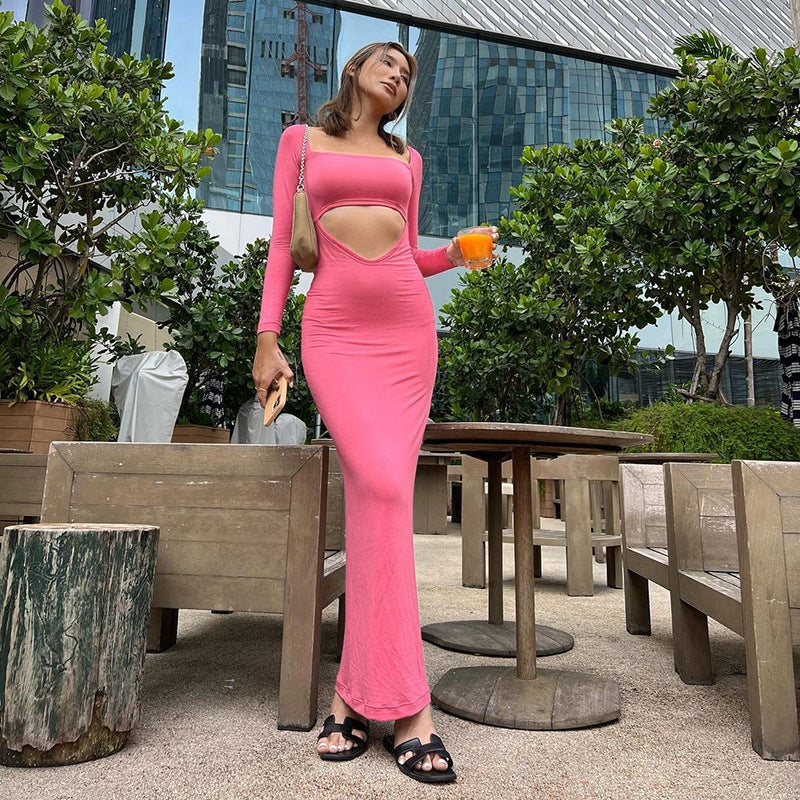 Solid Color Casual Cutout Long Sleeve Slim Fit Long Dress