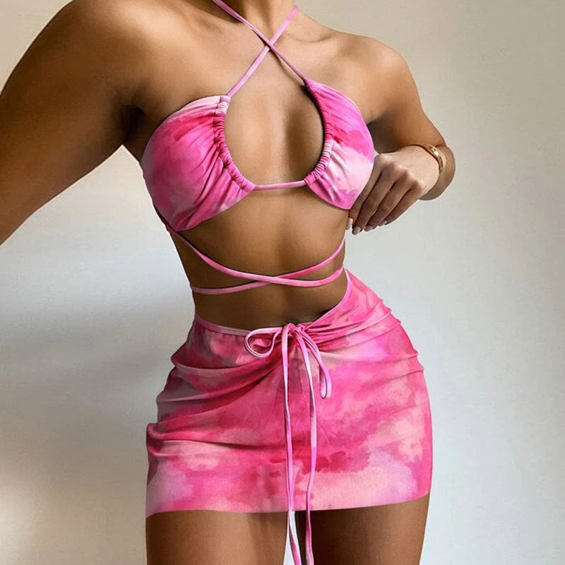 Traje de baño de tres piezas dividido con efecto tie-dye para mujer