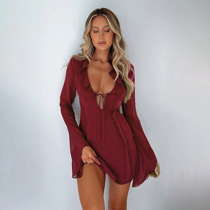 Hot Girl Style Slim Fit Ruffled Long Sleeve Tied Dress