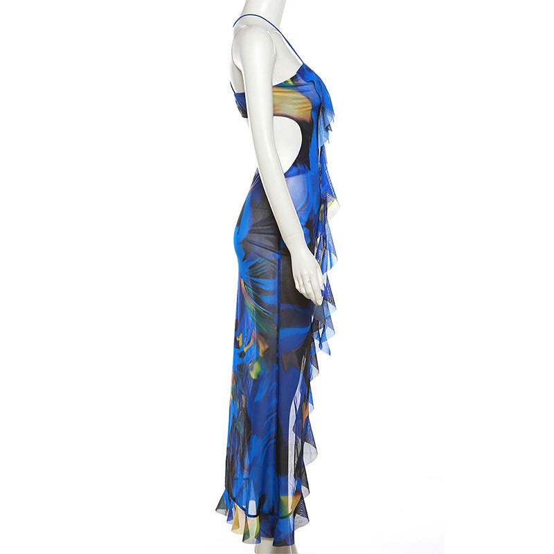 European And American Fashion Sexy Halter Low Cut Backless Slim Fit See-through Printing Dress