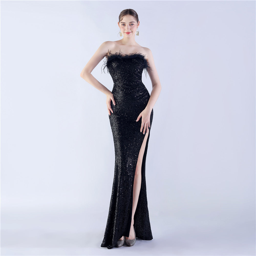 Ostrich Feather Shrink Folding Wrinkle Craft Host High-end Evening Dress