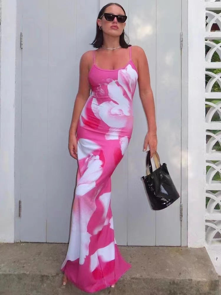 Flower Print Tight Long Dress Sexy Backless Slit Sling