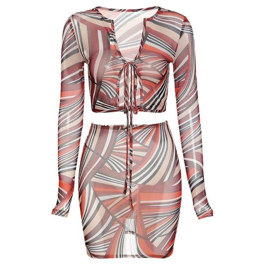 Printed T-shirt high waist bag hip skirt casual suit women