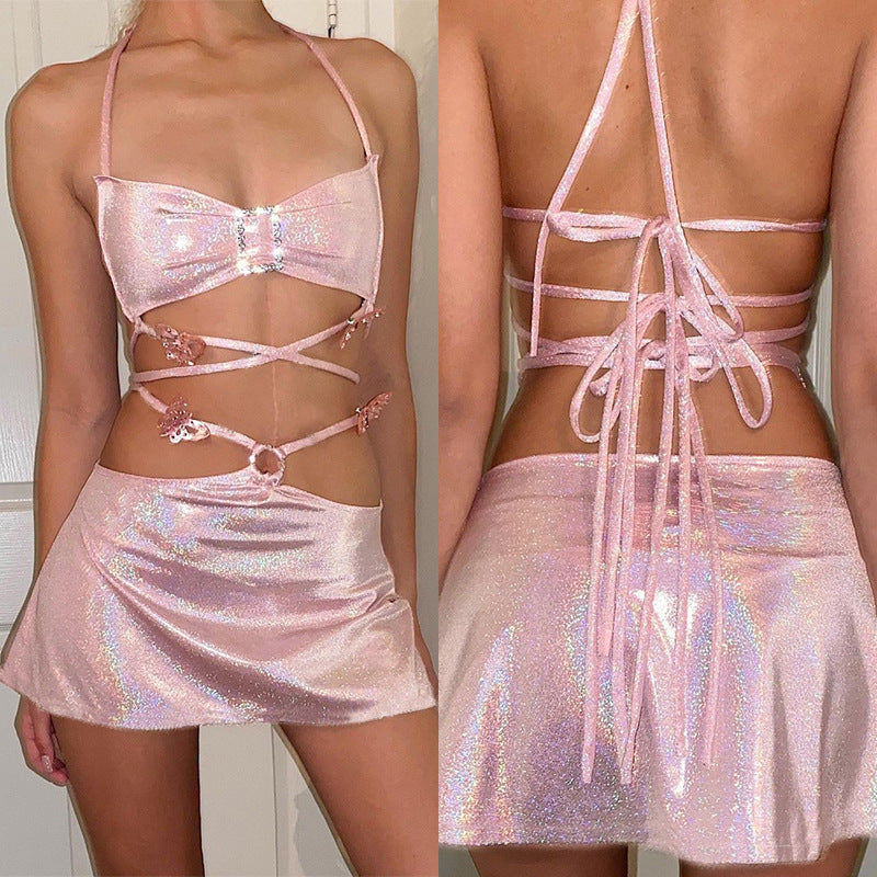 Traje de falda sexy de seda brillante con encaje umbilical sin espalda para mujer transfronterizo