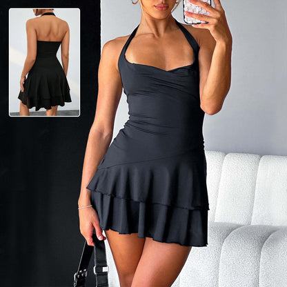 Vestido ajustado con cuello halter, sin mangas, espalda descubierta, con volantes, corto, ropa de verano para mujer