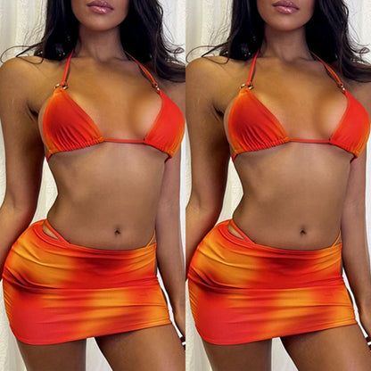 Tie-dye Three-piece Ring Sexy Halter Bikini New Swimwear