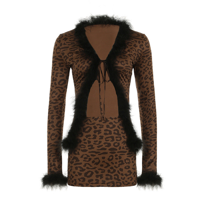 Leopard Print Stud For Autumn And Winter Printed Fur Collar Stitching Long Sleeve Lace-up Cardigan High Waist Package Hip Skirt