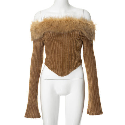 Fur Collar Knitted Top Short Hot Girl