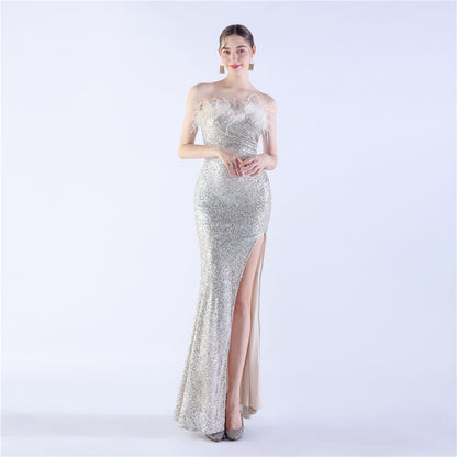 Ostrich Feather Shrink Folding Wrinkle Craft Host High-end Evening Dress