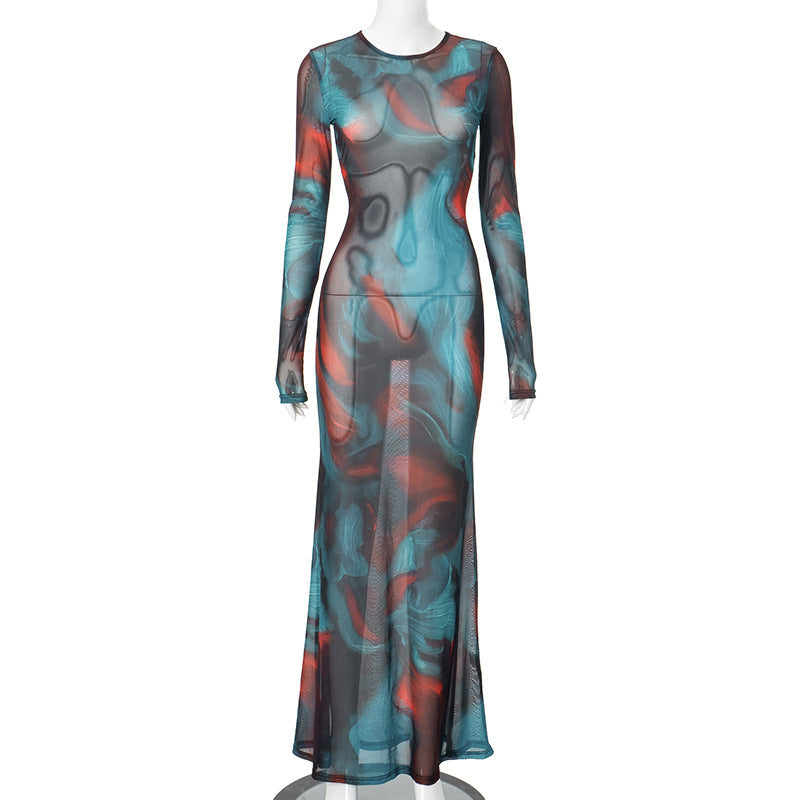 Fashion Tie-dye Long Sleeve Slim Ladies Dress