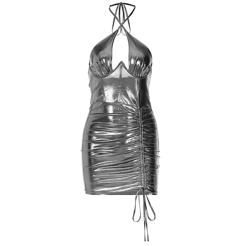 Vestido plisado de encaje con cuello halter calado sin mangas de moda para mujer