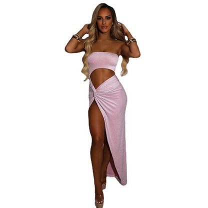 One-line Neck Tube Top Hollow Kink Slit Dress