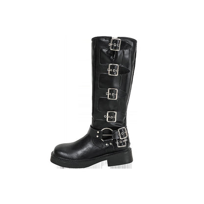 Botas Martin de piel auténtica con tacón grueso y hebilla de cinturón alto estilo retro para mujer, botas de caballero con cabeza cuadrada