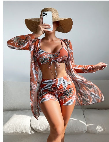 Swimsuit Female Split Three-piece Set High Waist Long Sleeve Smock Drawstring Suit