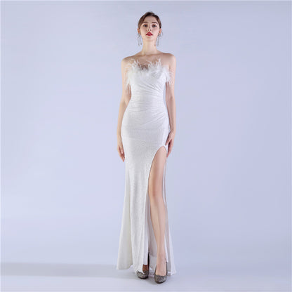 Ostrich Feather Shrink Folding Wrinkle Craft Host High-end Evening Dress