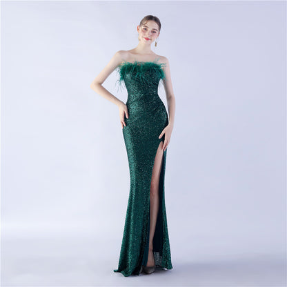 Ostrich Feather Shrink Folding Wrinkle Craft Host High-end Evening Dress