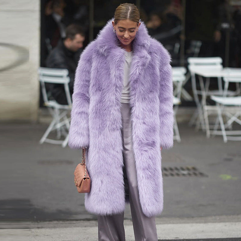 Abrigo de lana con solapa de piel sintética engrosada para otoño e invierno para mujer