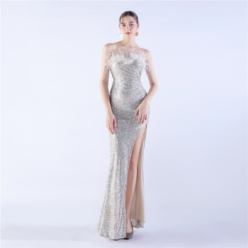 Ostrich Feather Shrink Folding Wrinkle Craft Host High-end Evening Dress