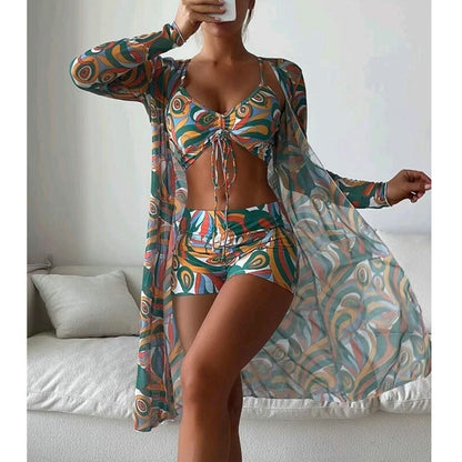 Swimsuit Female Split Three-piece Set High Waist Long Sleeve Smock Drawstring Suit