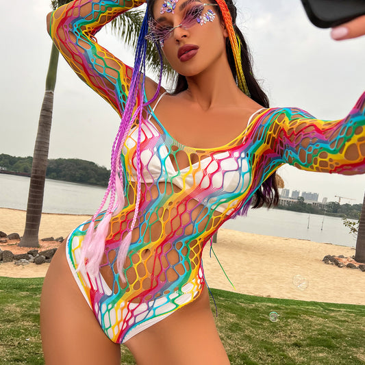 Female Rainbow Striped Hollow One-piece Swimsuit