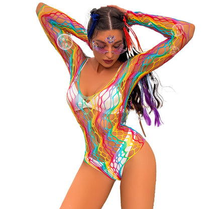 Female Rainbow Striped Hollow One-piece Swimsuit