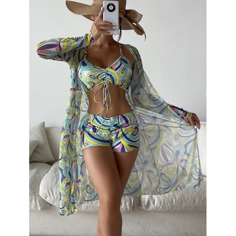 Swimsuit Female Split Three-piece Set High Waist Long Sleeve Smock Drawstring Suit