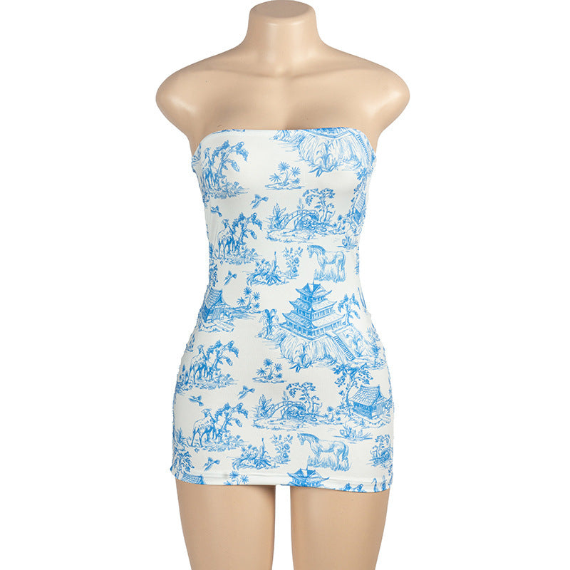 Sleeveless Fashion Printed Sexy Bandeau Slim-fit Short Dress