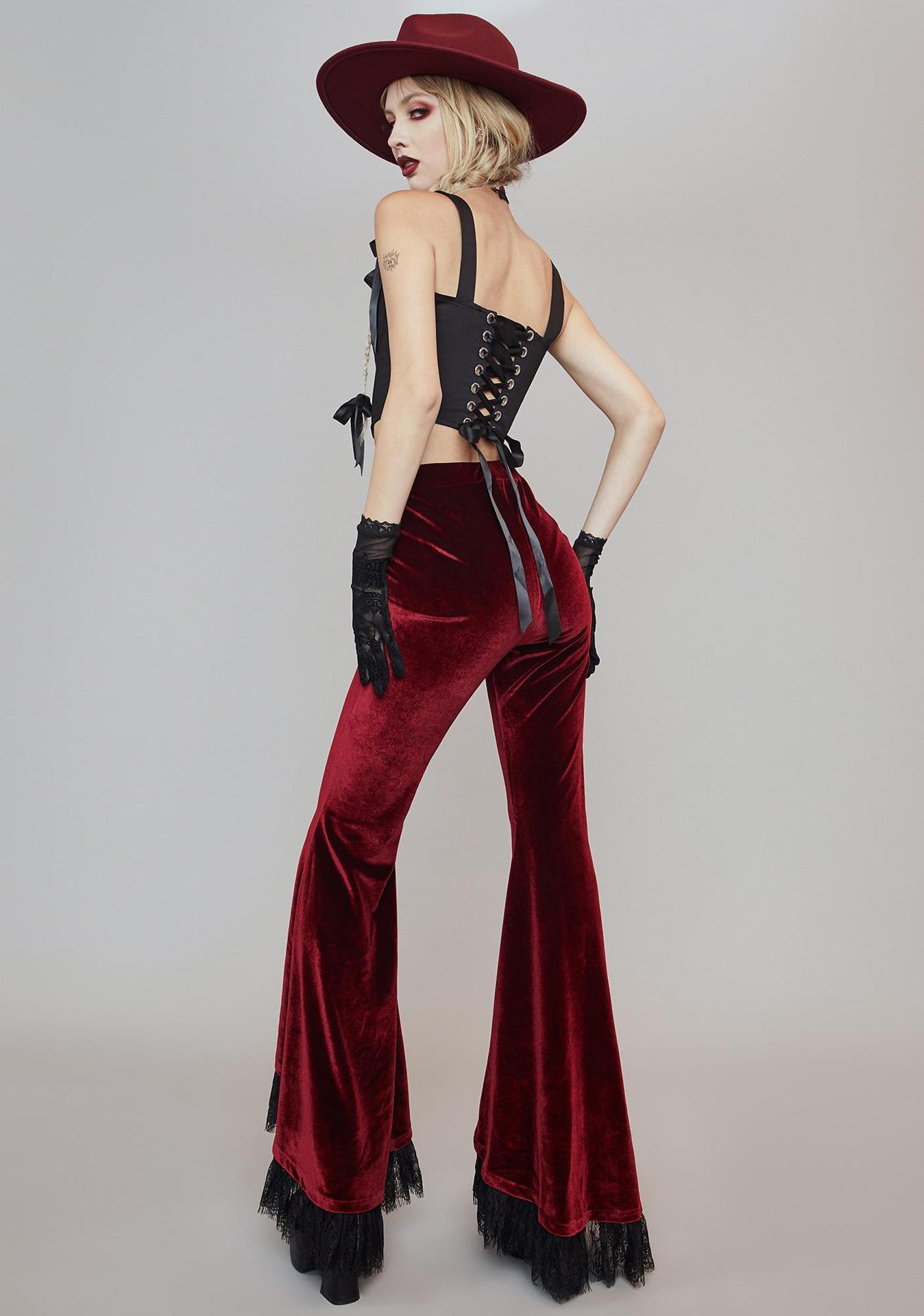 High-waisted Commuter Red Velvet Flared Trousers