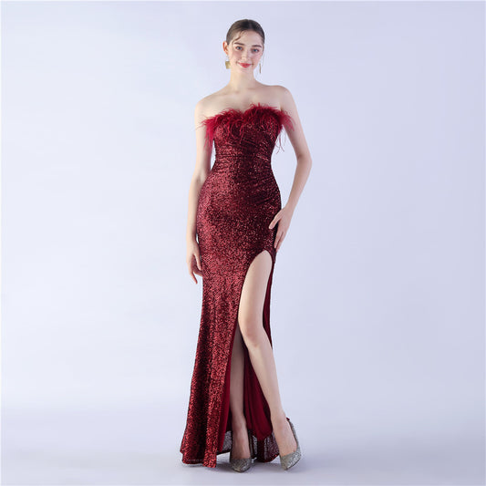 Ostrich Feather Shrink Folding Wrinkle Craft Host High-end Evening Dress