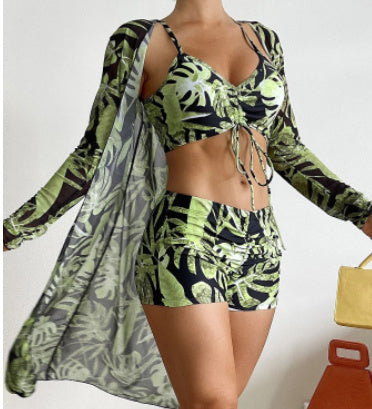 Swimsuit Female Split Three-piece Set High Waist Long Sleeve Smock Drawstring Suit