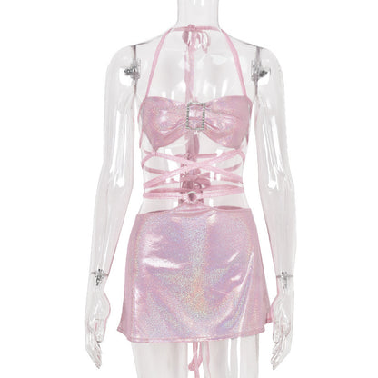 Traje de falda sexy de seda brillante con encaje umbilical sin espalda para mujer transfronterizo