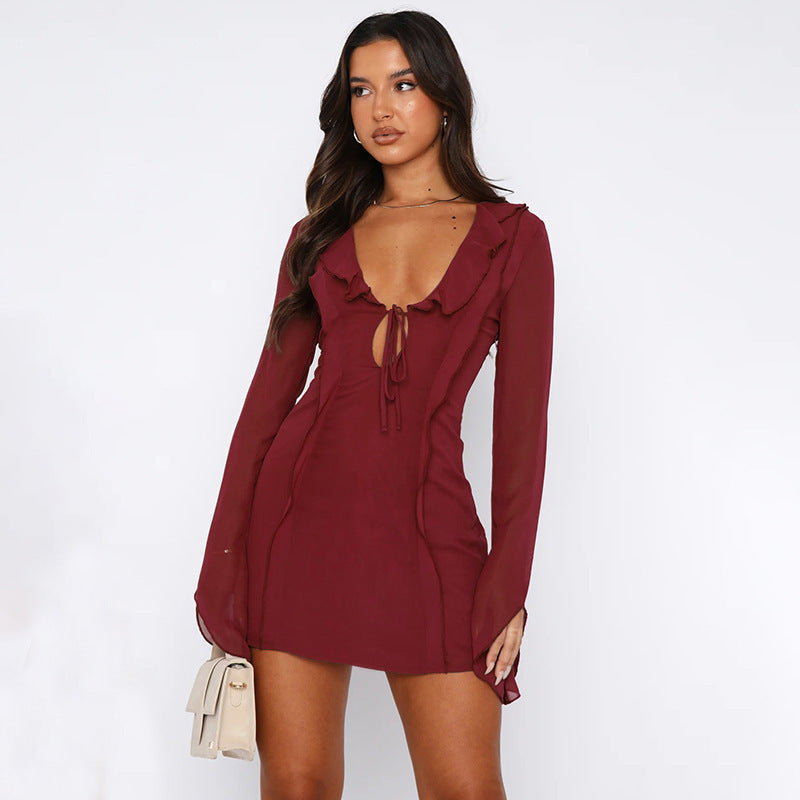 Hot Girl Style Slim Fit Ruffled Long Sleeve Tied Dress