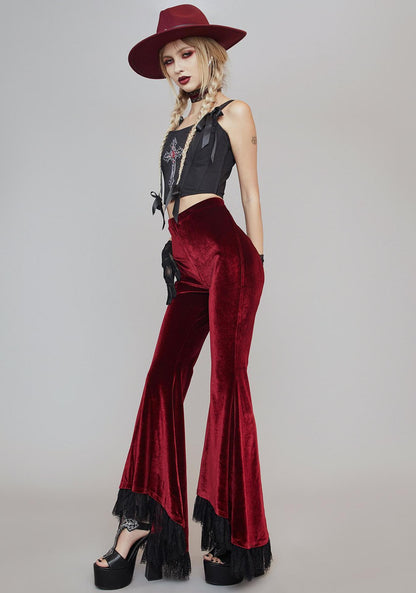 High-waisted Commuter Red Velvet Flared Trousers