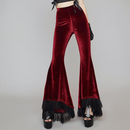 High-waisted Commuter Red Velvet Flared Trousers