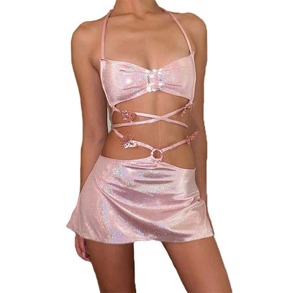 Traje de falda sexy de seda brillante con encaje umbilical sin espalda para mujer transfronterizo