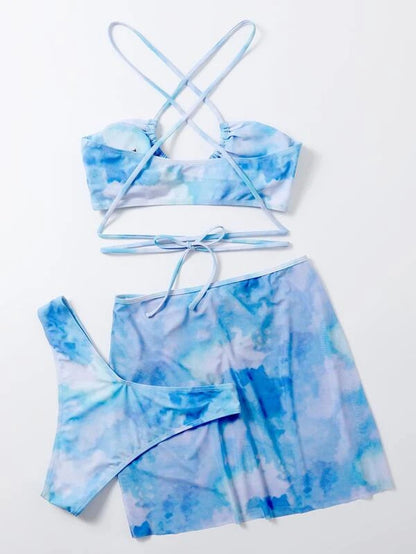 Traje de baño de tres piezas dividido con efecto tie-dye para mujer